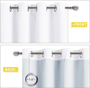 White grommet curtain, showing front and back with light blue lining. Silver grommets, 1.6-inch size highlighted.