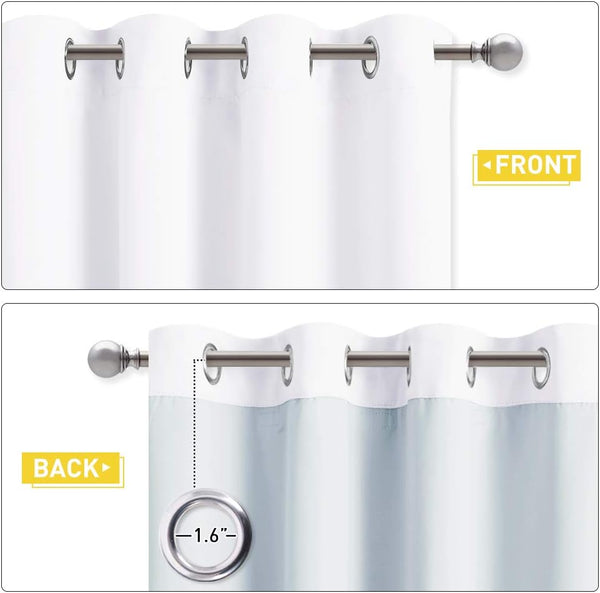 White grommet curtain, showing front and back with light blue lining. Silver grommets, 1.6-inch size highlighted.