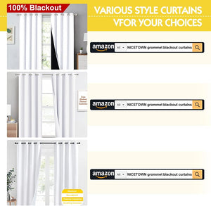 Smooth white blackout curtains with silver grommet tops effectively blocking light in a window.