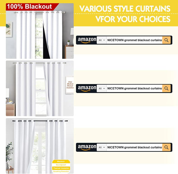 Smooth white blackout curtains with silver grommet tops effectively blocking light in a window.