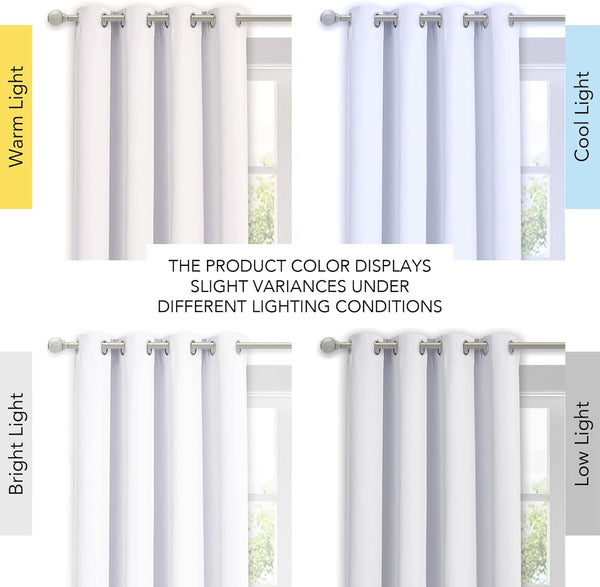 White grommet curtain panel showcasing color variance under warm, cool, bright, and low lighting.