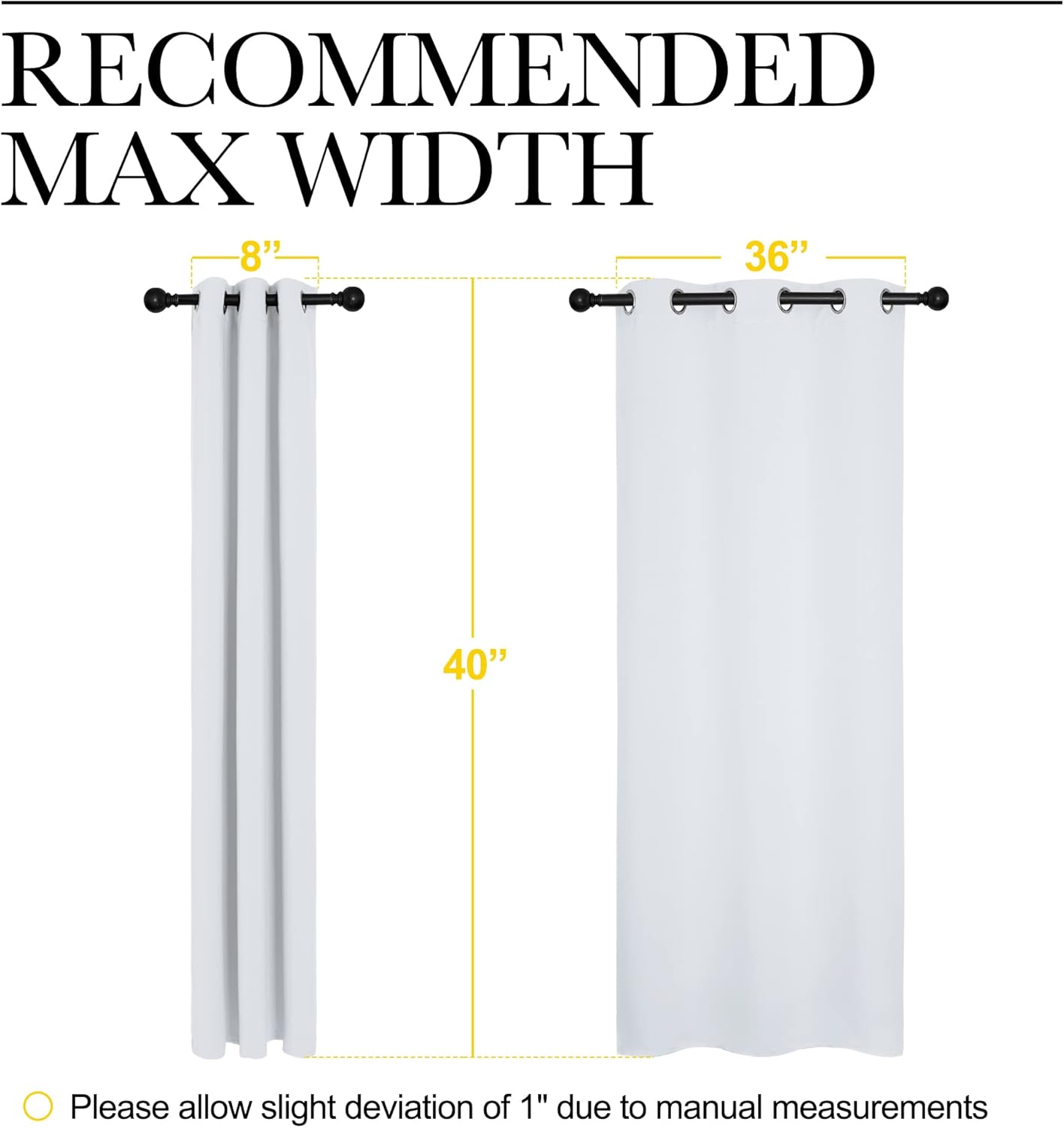 White grommet top curtain panel on rod, showing ideal widths for 40-inch length.