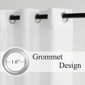 White curtain panel with silver grommet top hanging on a black rod. Features 1.6-inch diameter grommet.