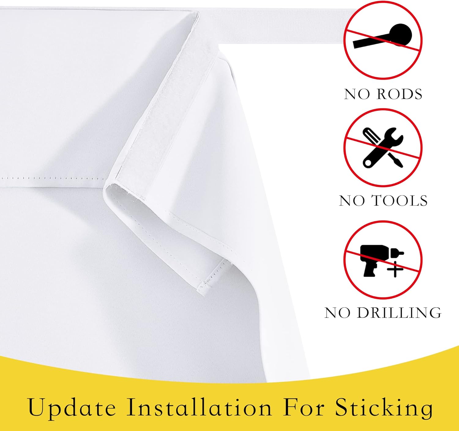 White curtain fabric with visible hook-and-loop fastener, indicating tool-free, stick-on installation.