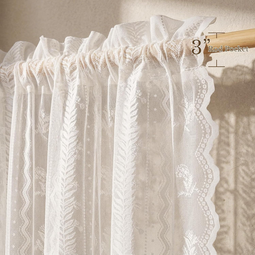 White sheer lace curtains with floral pattern and scalloped edges, on a romantic outdoor patio.