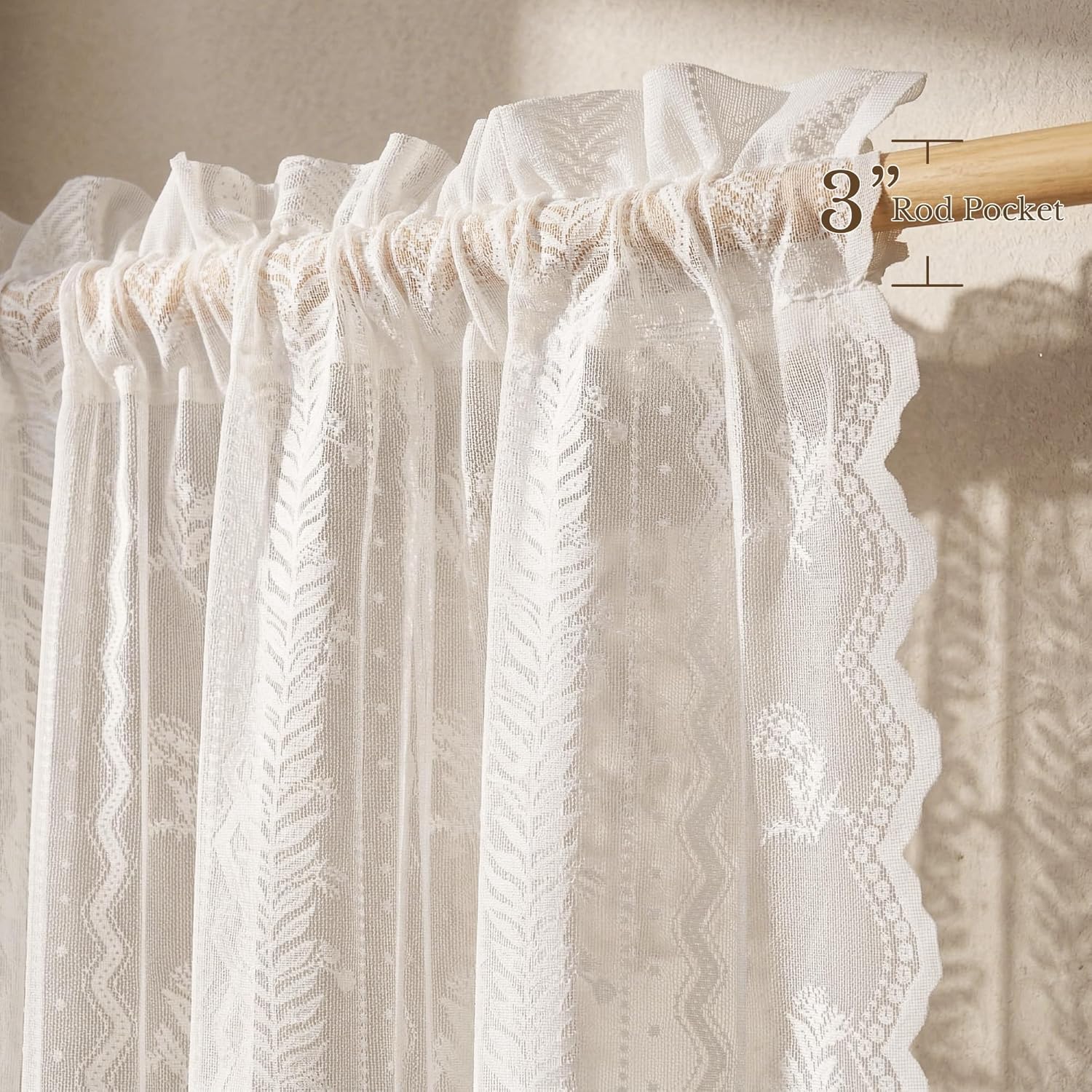Close-up of white lace sheer curtain with ruffled top, intricate patterns, and a 3-inch rod pocket.