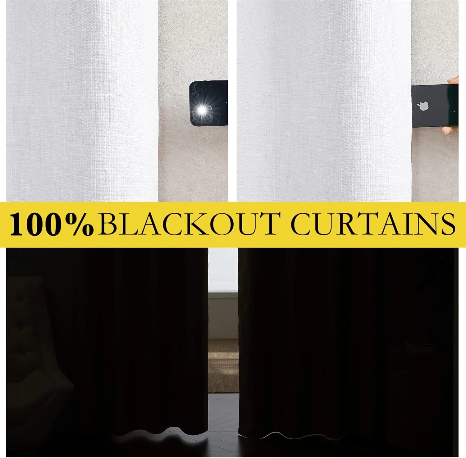 White textured blackout curtains shown blocking phone flash and window light