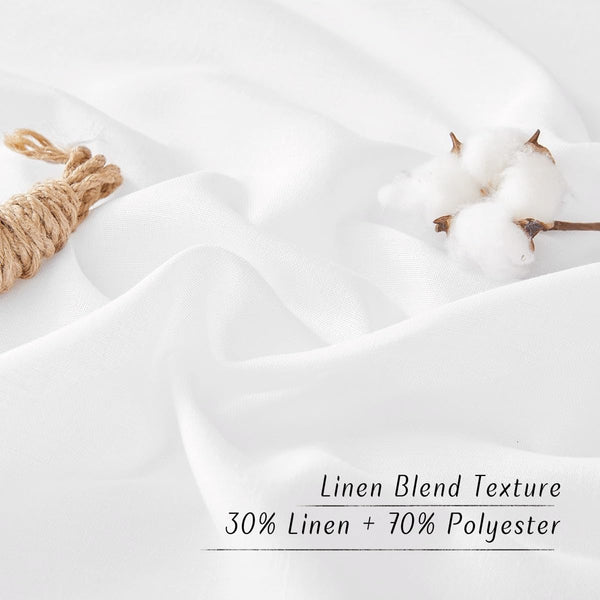 White linen blend fabric texture, 30% linen and 70% polyester. Cotton bolls and twine visible.