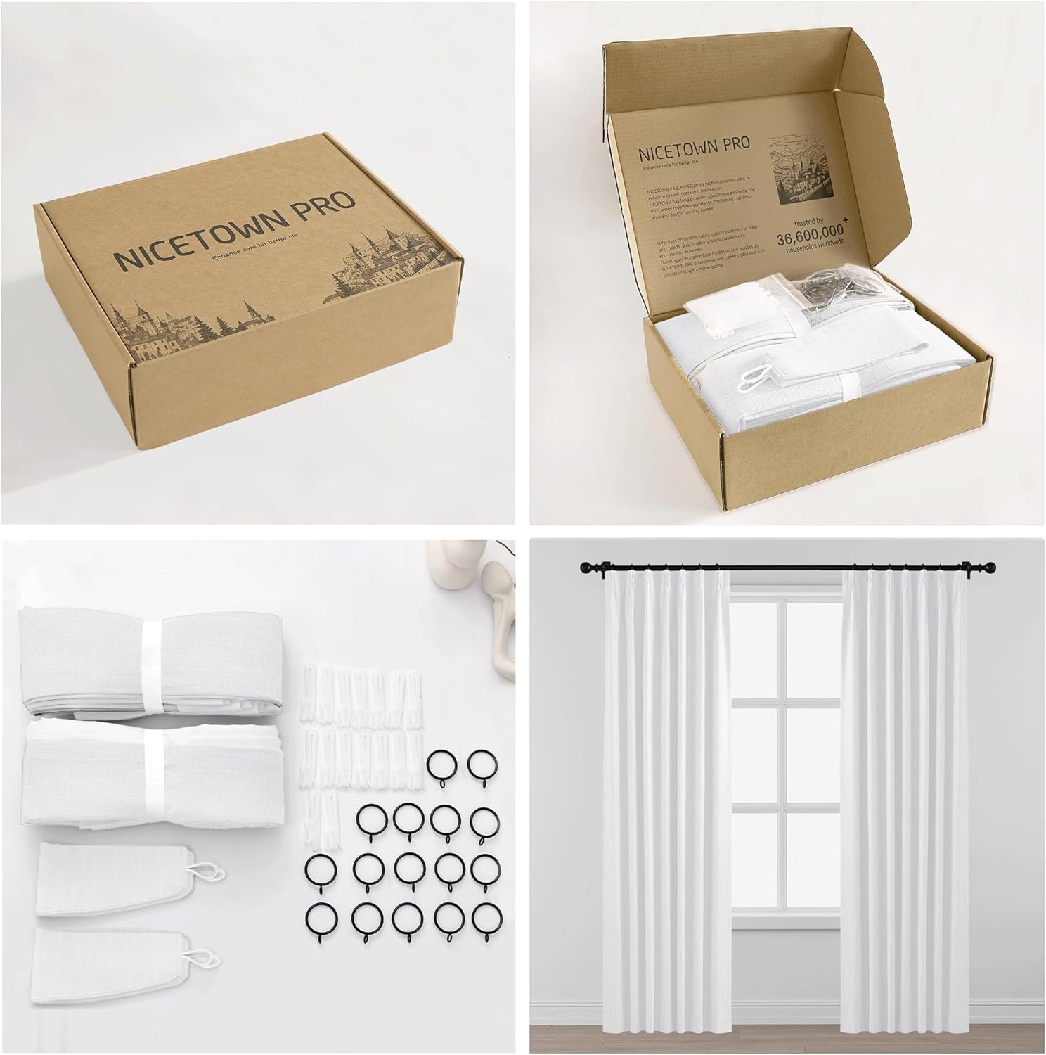 White linen blend pleated window curtains set, with matching tie-backs, hanging rings, and hooks.