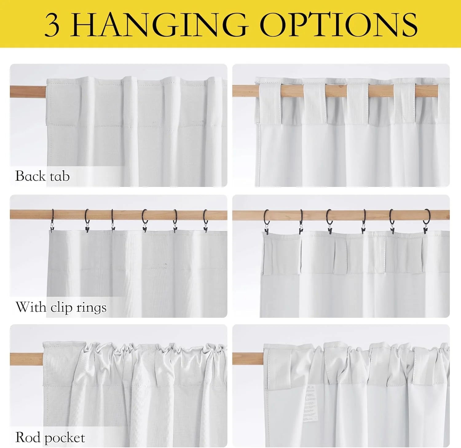 White linen curtain panel showing back tab, clip rings, and rod pocket hanging styles