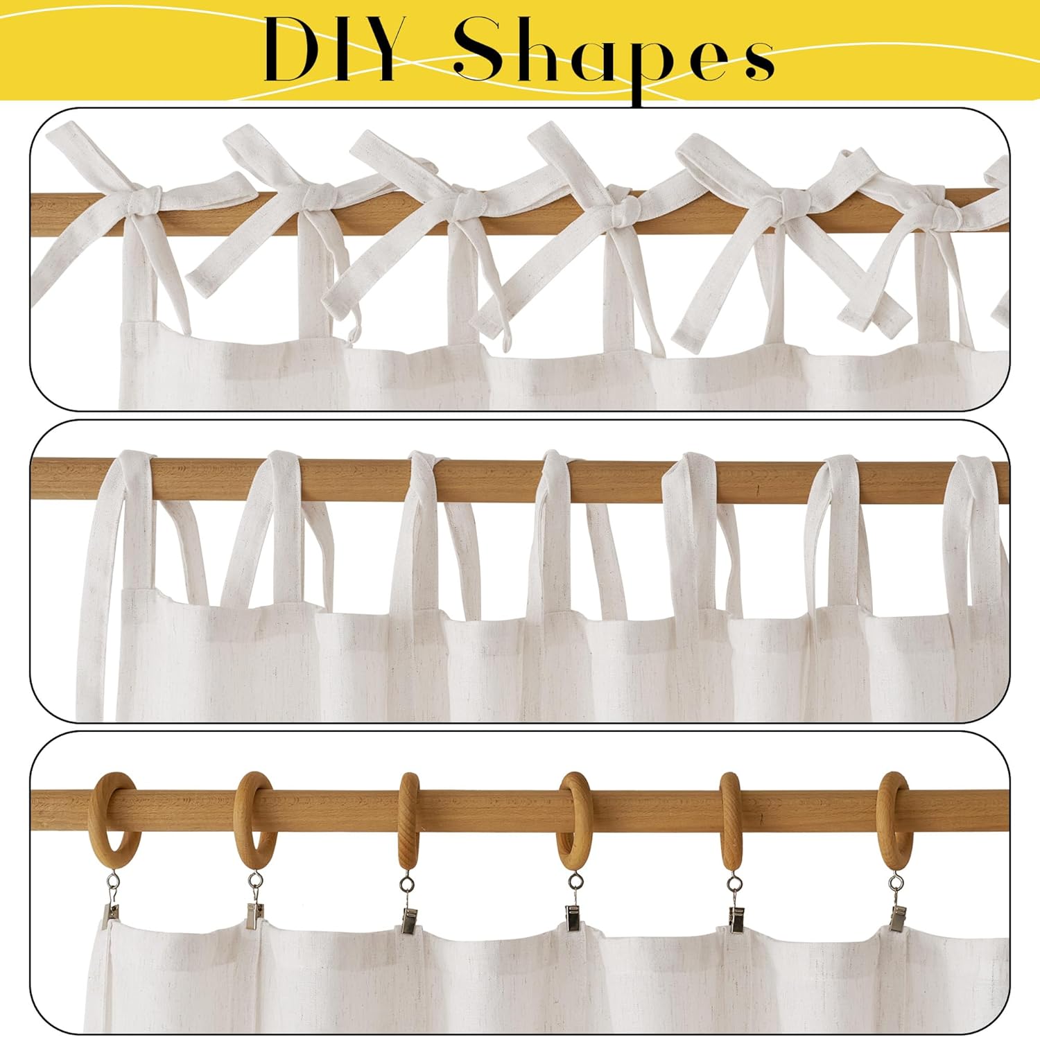 White linen-blend curtains showing tie-top, tab-top, and clip ring hanging options.