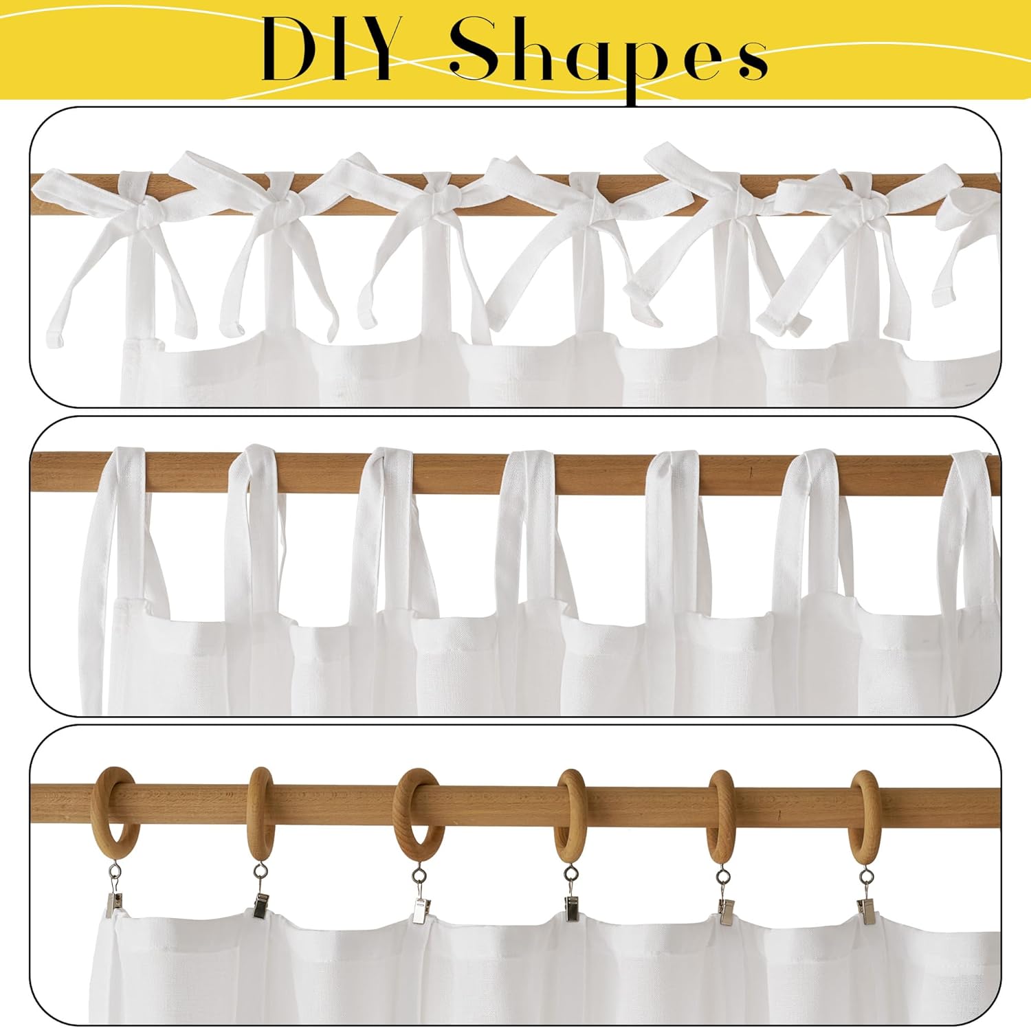 White linen curtains with three hanging options: tie-top, tab-top, and clips on wooden rings.