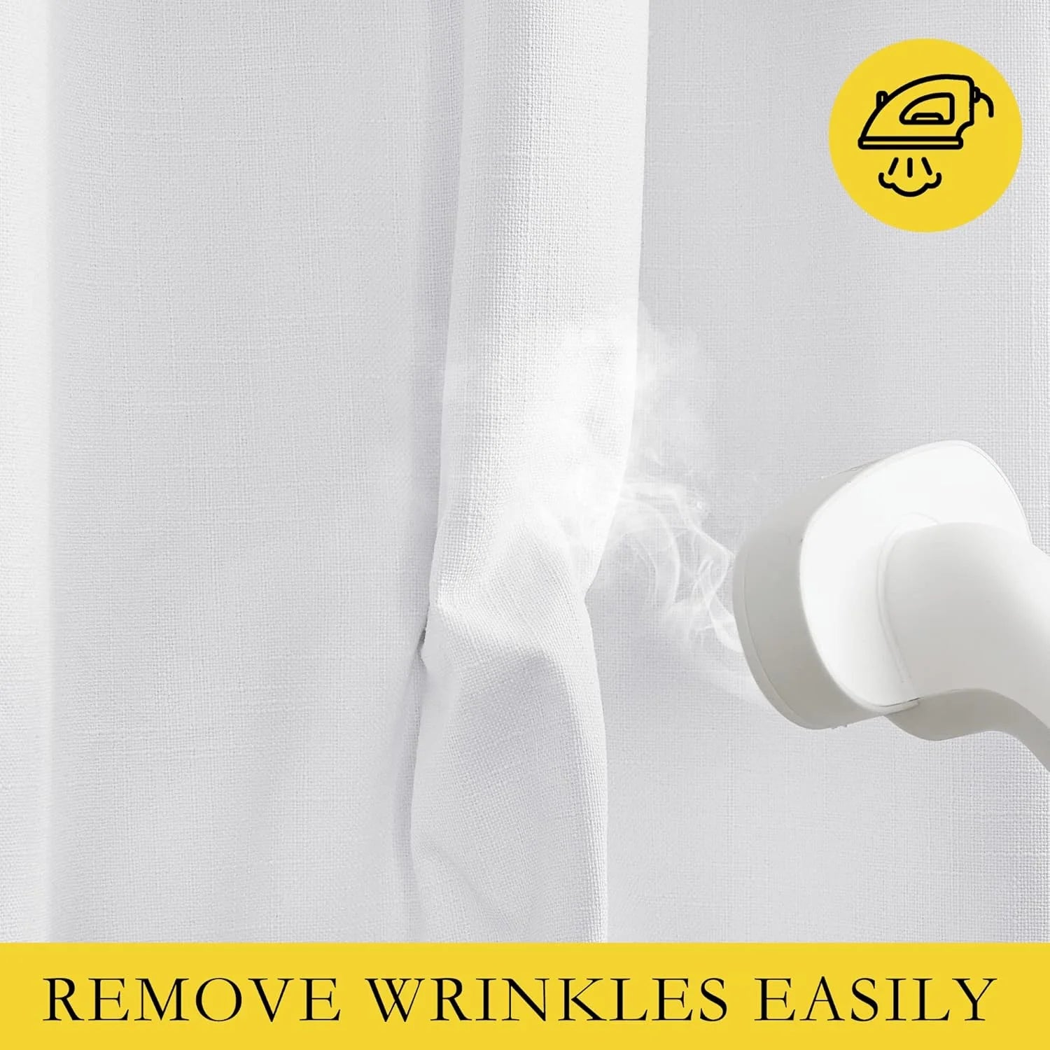 White textured curtain being steamed to remove wrinkles with handheld steamer