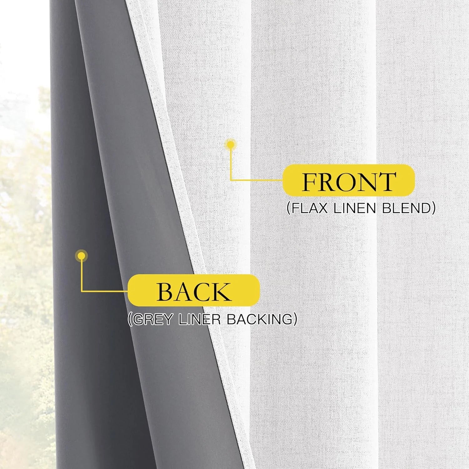 Close-up of white flax linen blend curtain front with grey liner backing