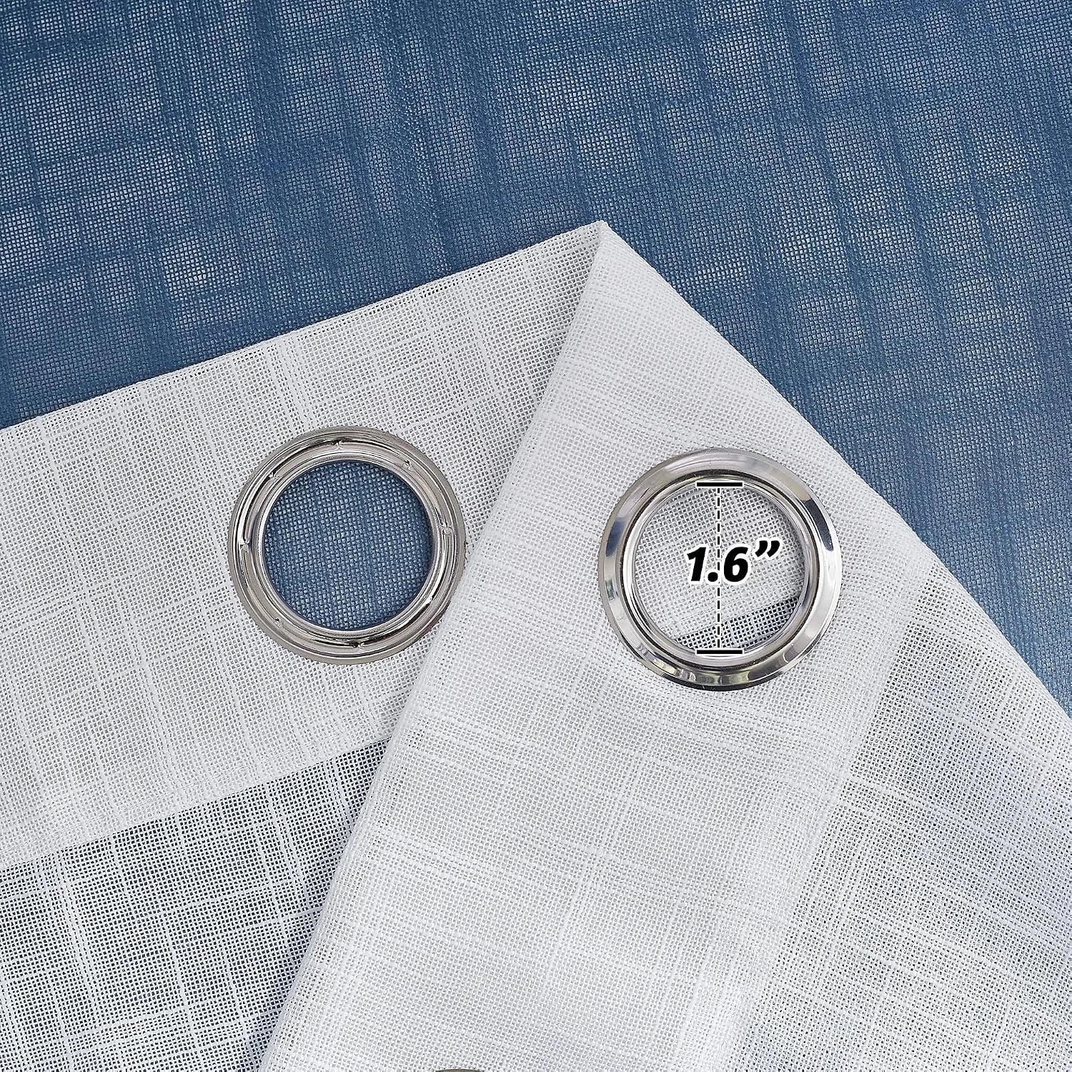 White sheer linen-look curtain panels with silver grommets, 1.6 inch inner diameter