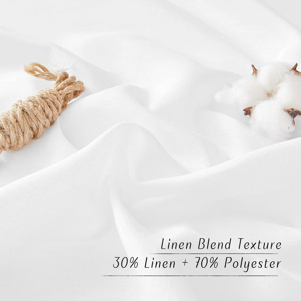 Close-up of white 30% linen and 70% polyester blend fabric with visible texture.