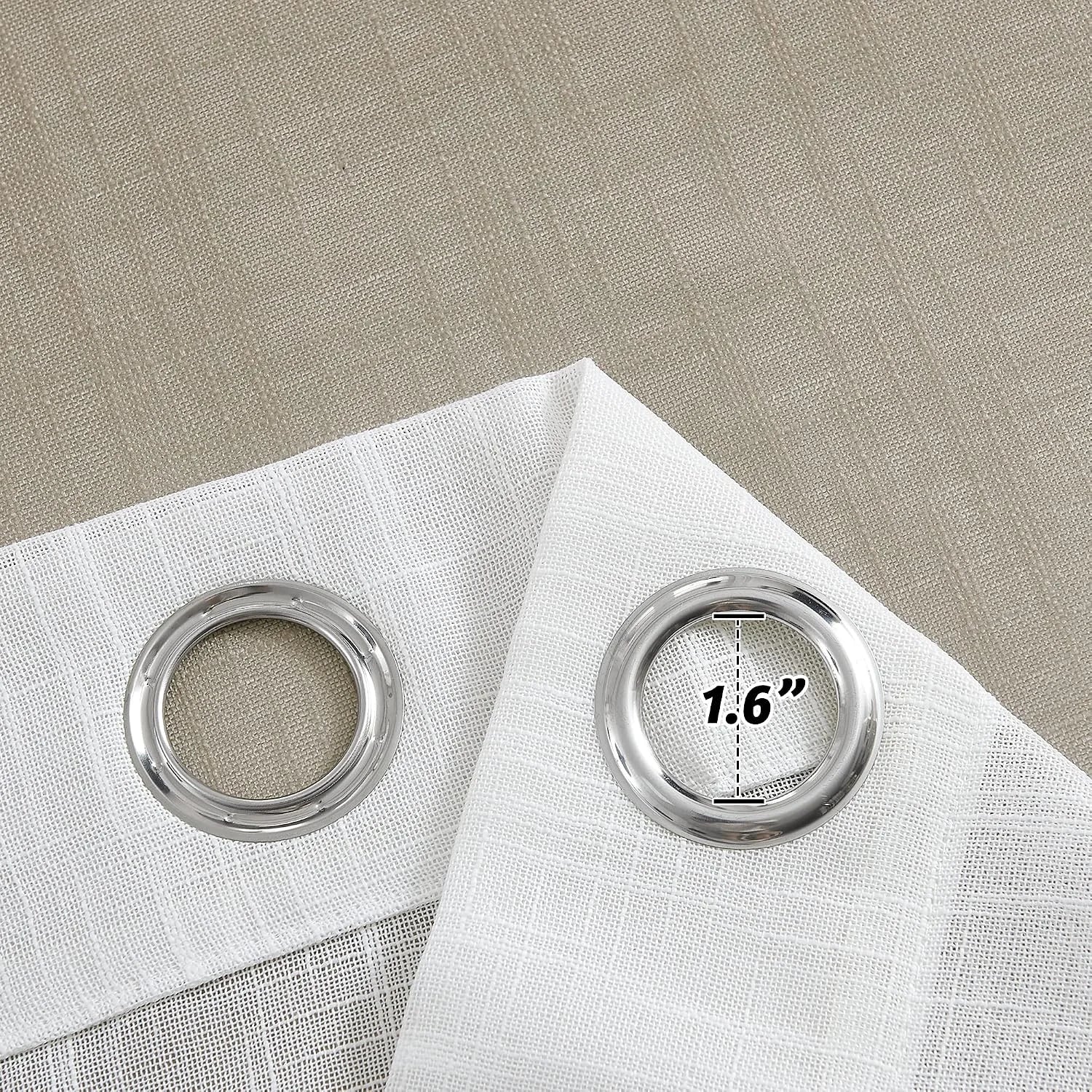 White sheer linen-look curtain header with silver grommets, 1.6 inch inner diameter