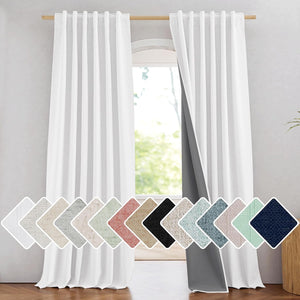 White linen textured blackout curtains with dark grey lining on a wood rod, with multiple fabric color swatches shown.