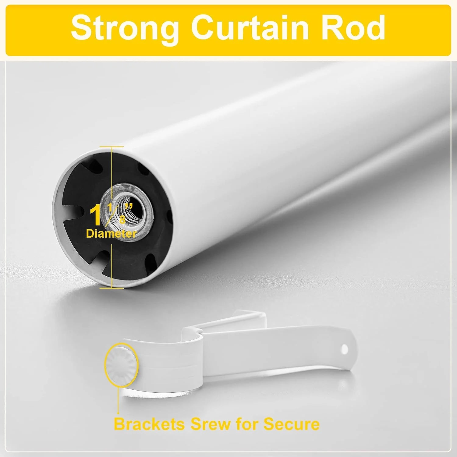 White metal curtain rod with secure mounting bracket and diameter detail