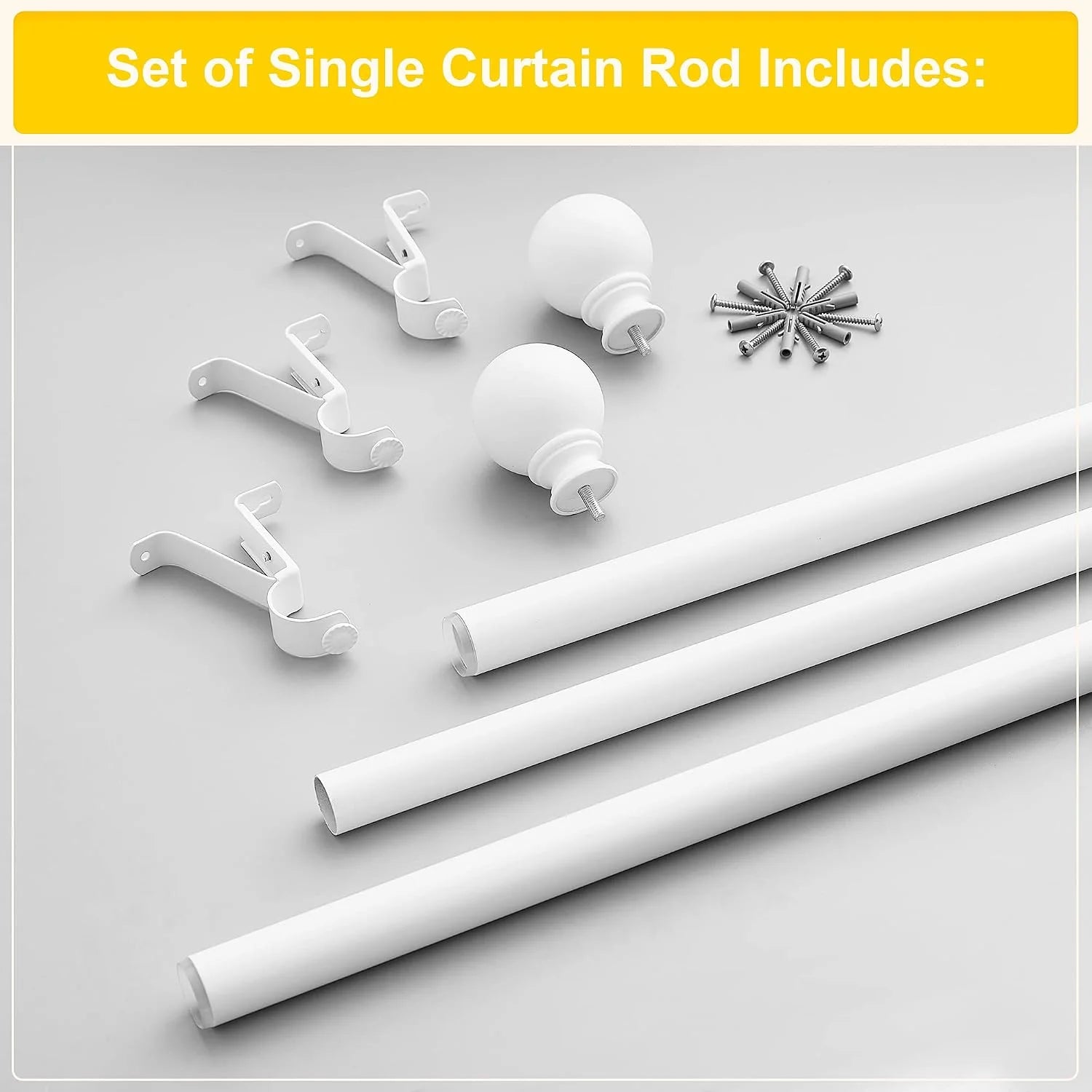 White single curtain rod set with brackets, finials, screws, and wall anchors