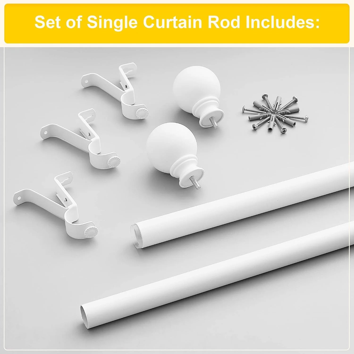 White single curtain rod set with brackets, round finials, screws, and anchors