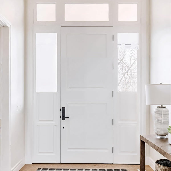 Modern white three-panel entry door with black handle, bright sidelights, and transom windows.