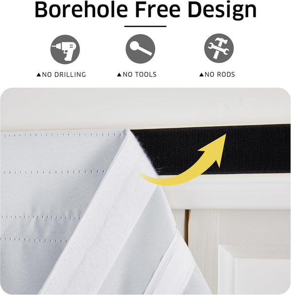 Close-up of a white temporary window shade with hook-and-loop fasteners for drill-free installation. Yellow arrow points to Velcro attachment.