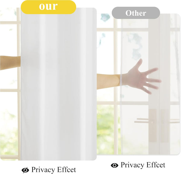 White opaque curtain compared to sheer curtain, showing superior privacy by fully obscuring a hand.