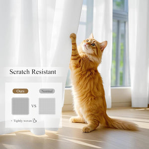 An orange cat with its paw on a white sheer curtain, showcasing its scratch-resistant and tightly woven fabric.