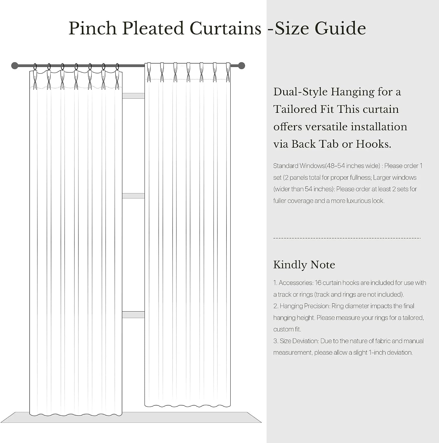 Pinch pleated white curtain size guide with dual hanging options and panel diagram