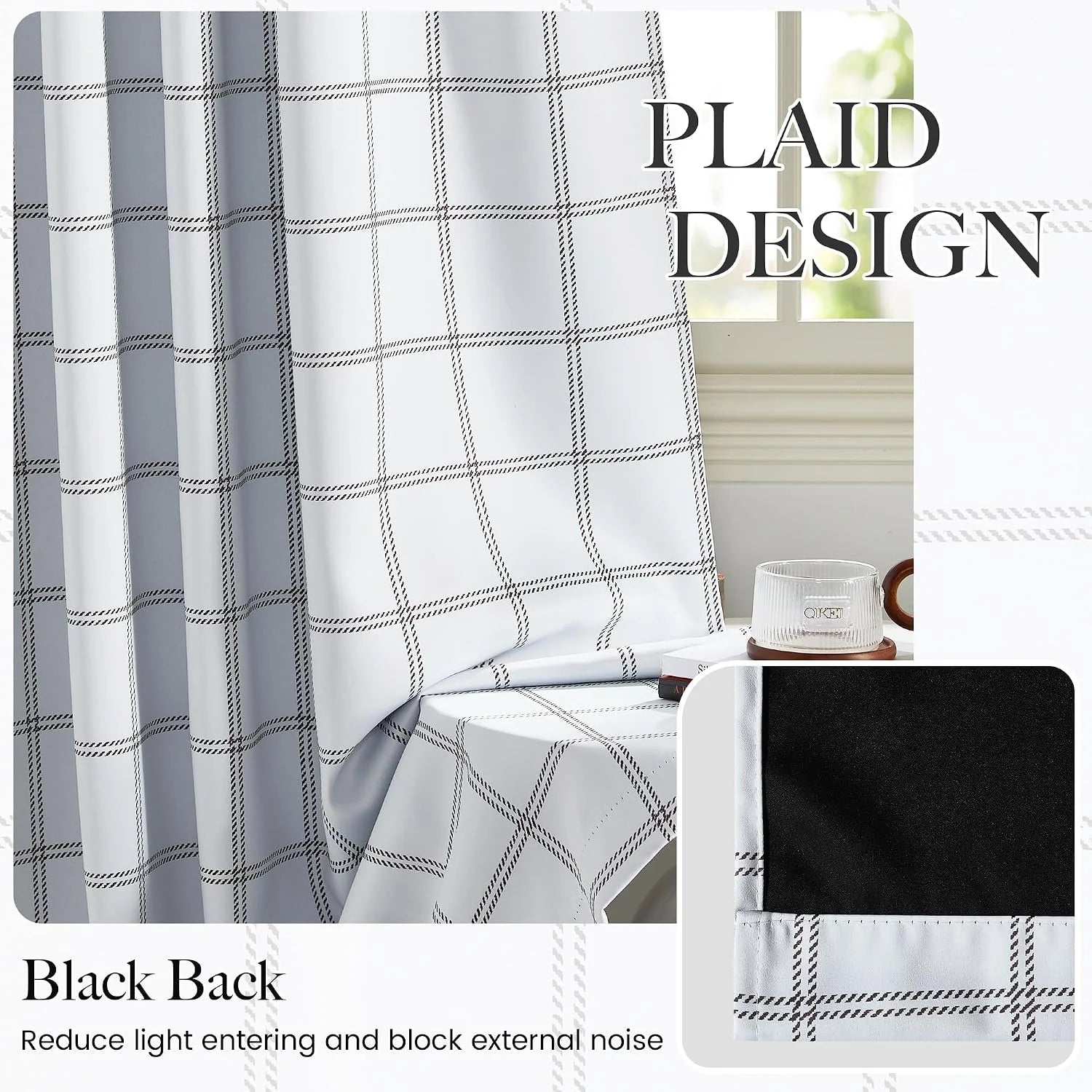 White plaid blackout curtain panel with black backing beside a bright window