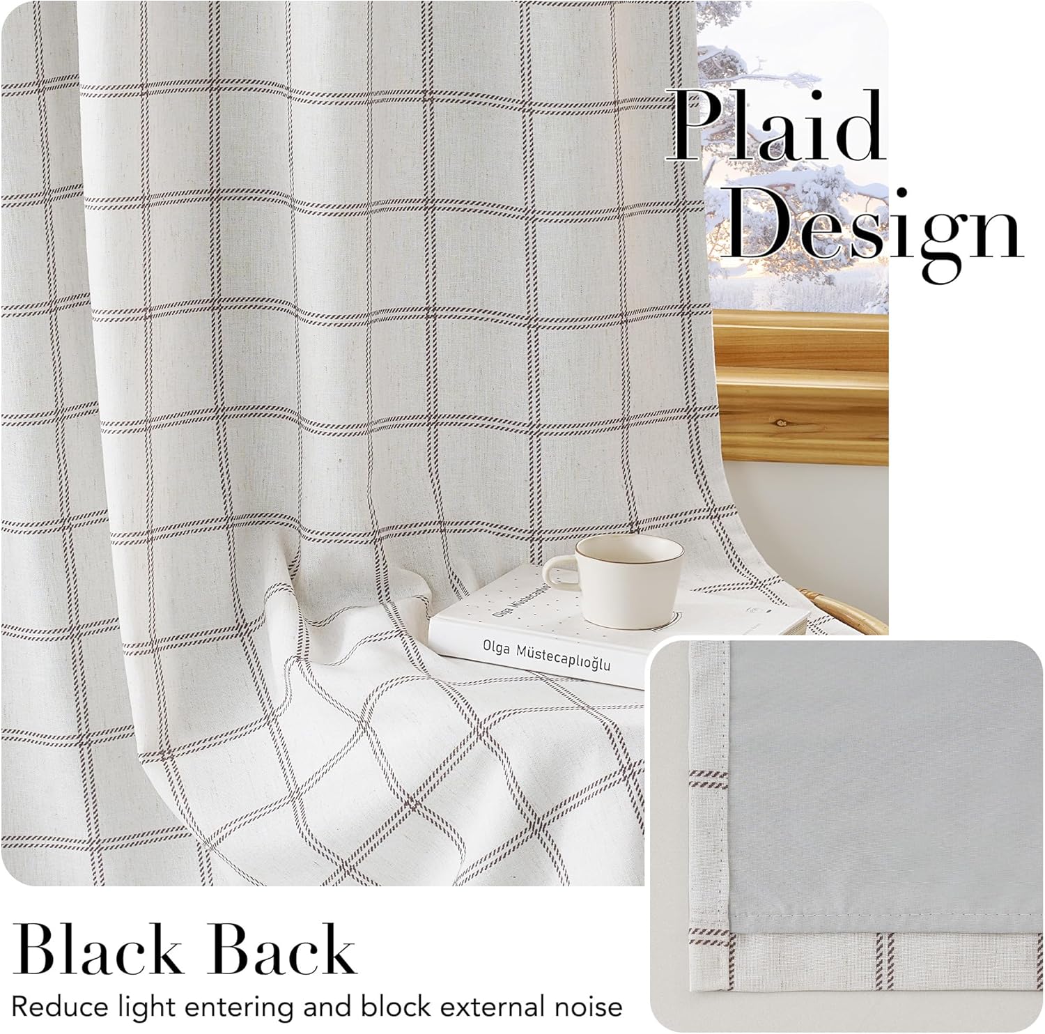 White plaid blackout curtains with dark checkered lines, textured fabric and a light gray backing.