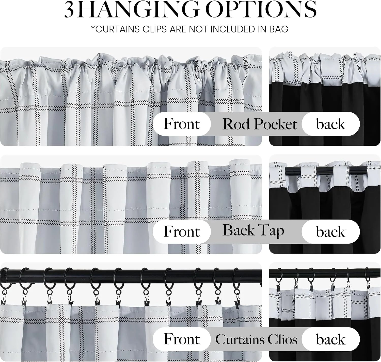White plaid curtain panel showing rod pocket, back tab, and clip hanging styles
