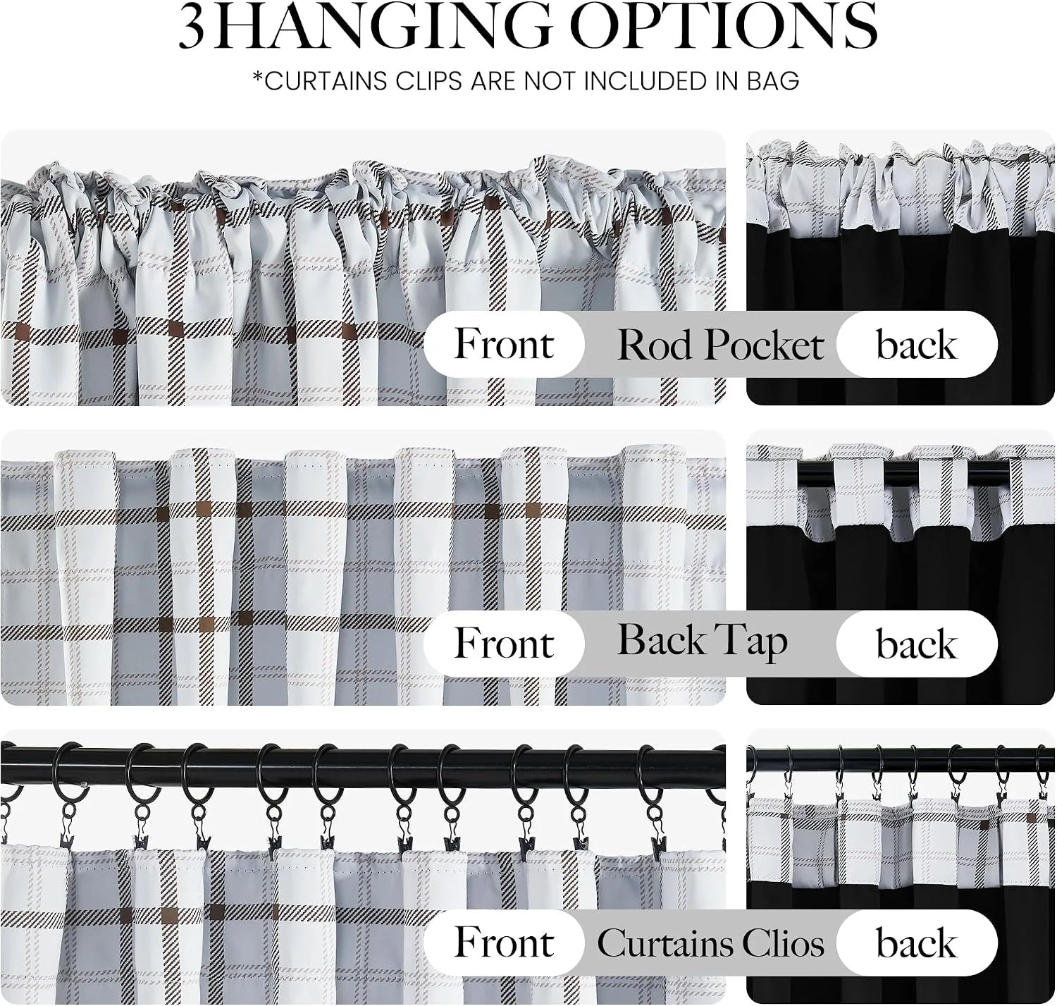 White plaid curtain panel showing rod pocket, back tab, and clip hanging styles