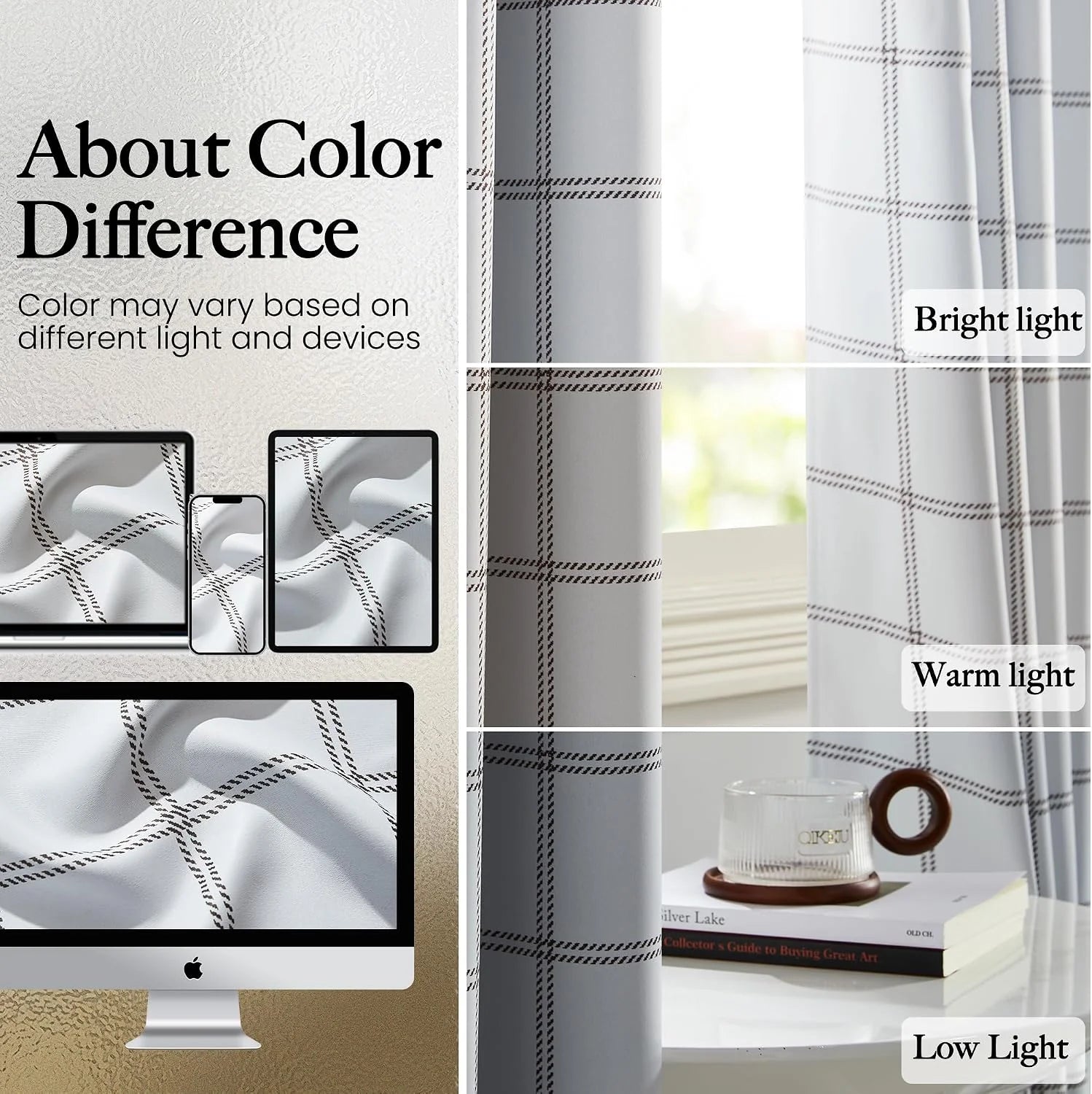 White plaid curtains shown in bright, warm, and low light with device color variations