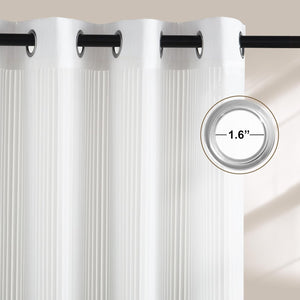 White pleated curtain features black grommet tops and hangs on a rod. Detailed view shows 1.6-inch grommet diameter.