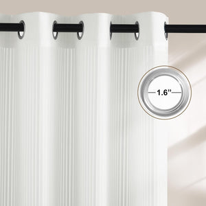 Close-up of a white pleated curtain with black grommet top on a rod. Inset shows 1.6 inch silver grommet.
