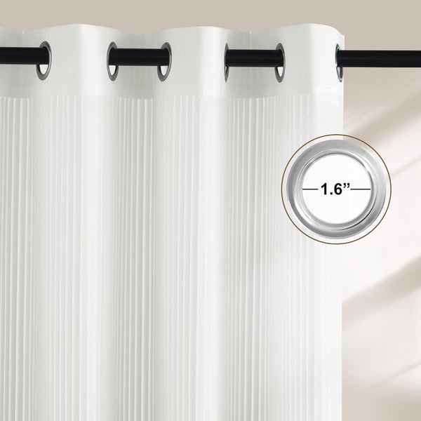 Close-up of a white pleated curtain with black grommet top on a rod. Inset shows 1.6 inch silver grommet.