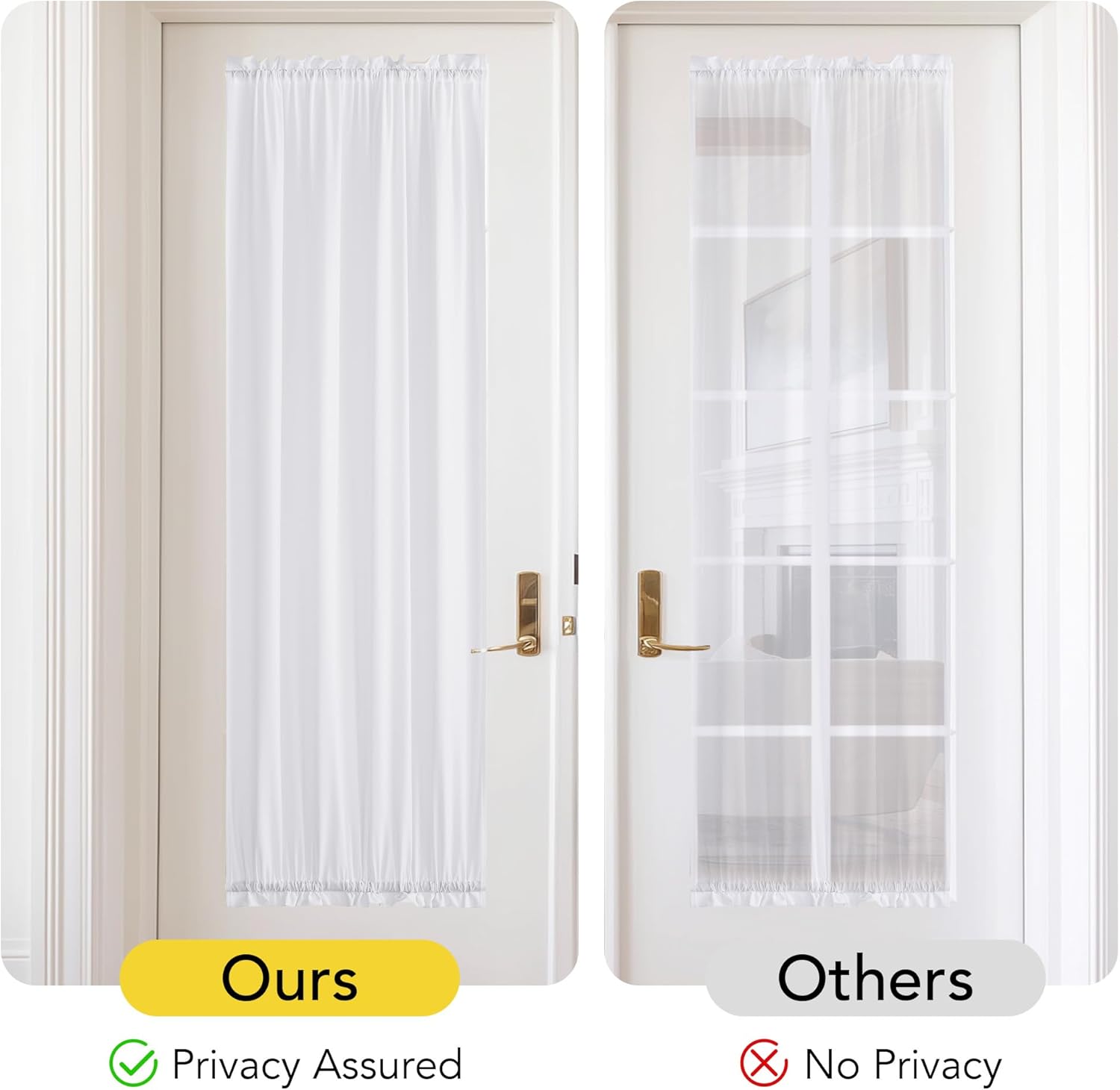 White opaque door panel curtain with gathered rod pocket top and bottom for privacy on a white interior door.