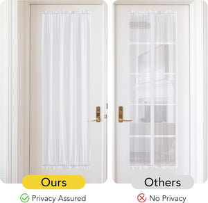 White opaque door panel curtain with gathered rod pocket top and bottom for privacy on a white interior door.