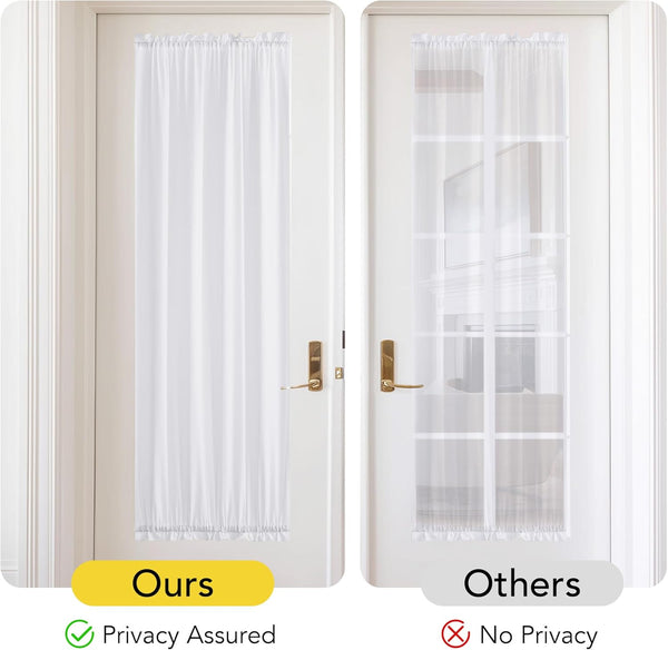 White opaque door panel curtain with gathered rod pocket top and bottom for privacy on a white interior door.