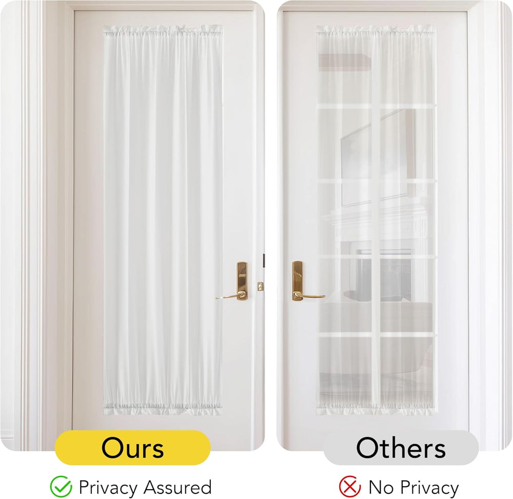 White ruffled door window curtains with rod pockets, one panel tied back for light.