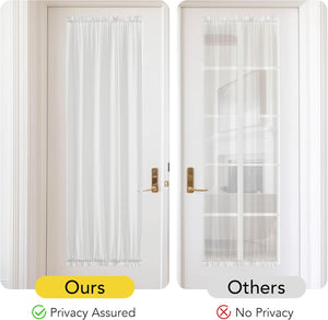 White semi-sheer fabric door curtain provides privacy for French doors. Features rod pockets top and bottom.