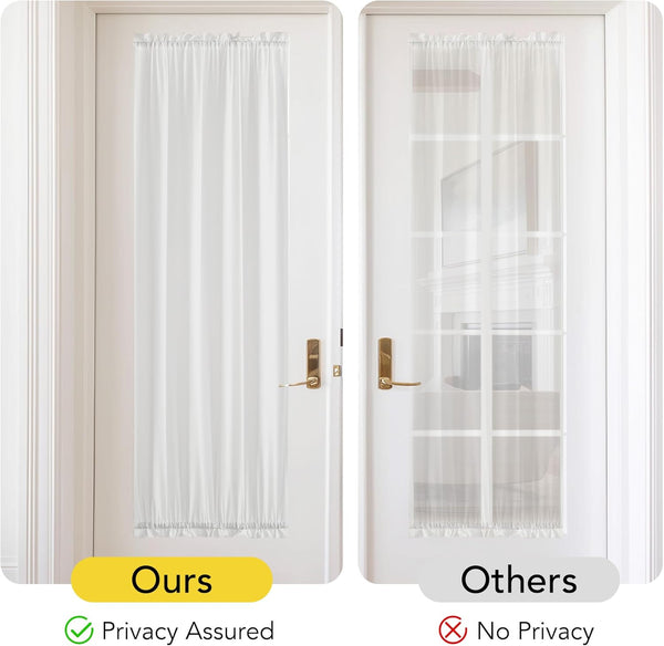White semi-sheer fabric door curtain provides privacy for French doors. Features rod pockets top and bottom.