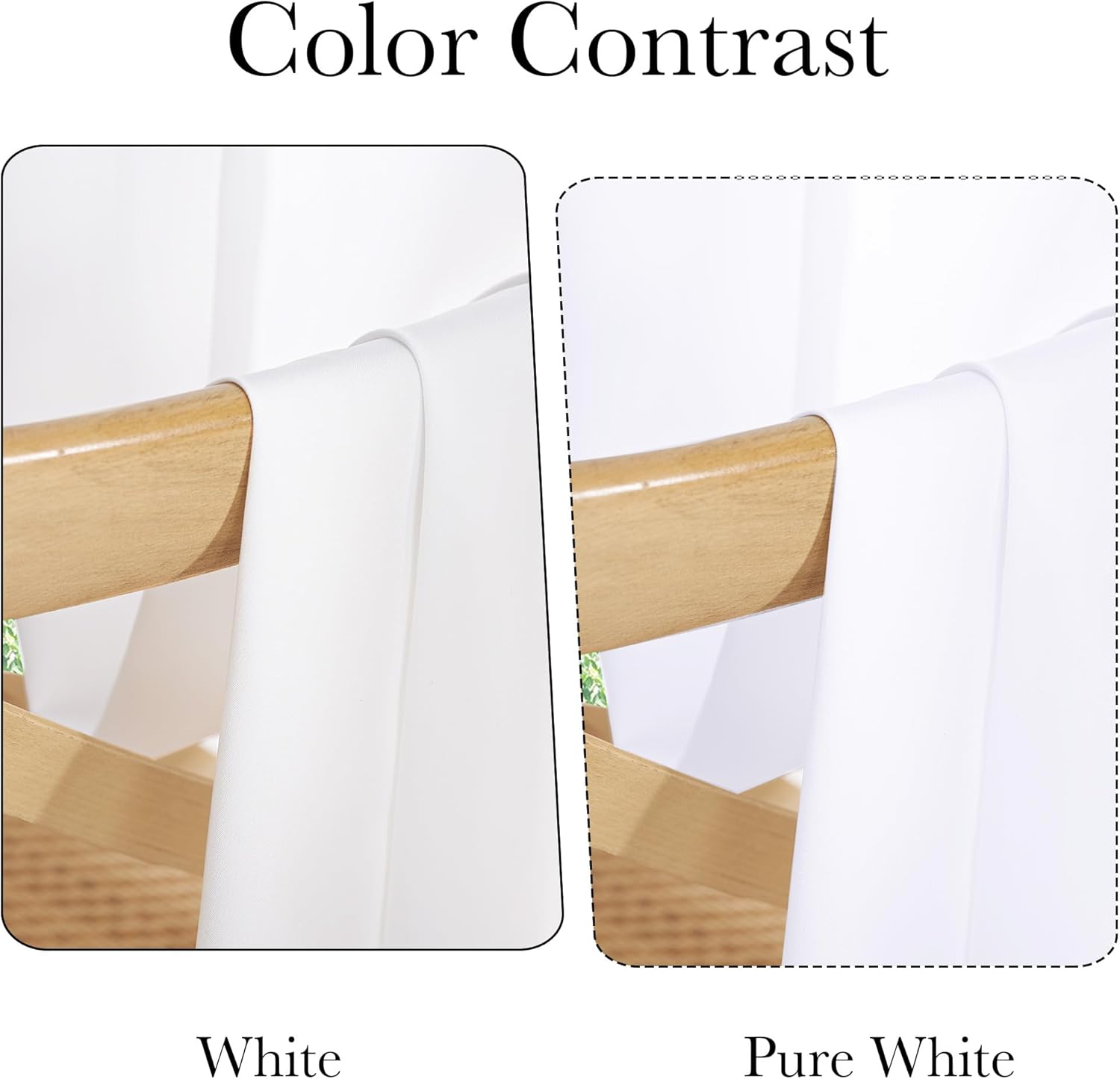 Side-by-side comparison of 'White' and 'Pure White' fabric swatches on a wooden bar.