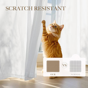 Orange cat plays with white ribbed sheer curtain, featuring scratch-resistant tight weave fabric.
