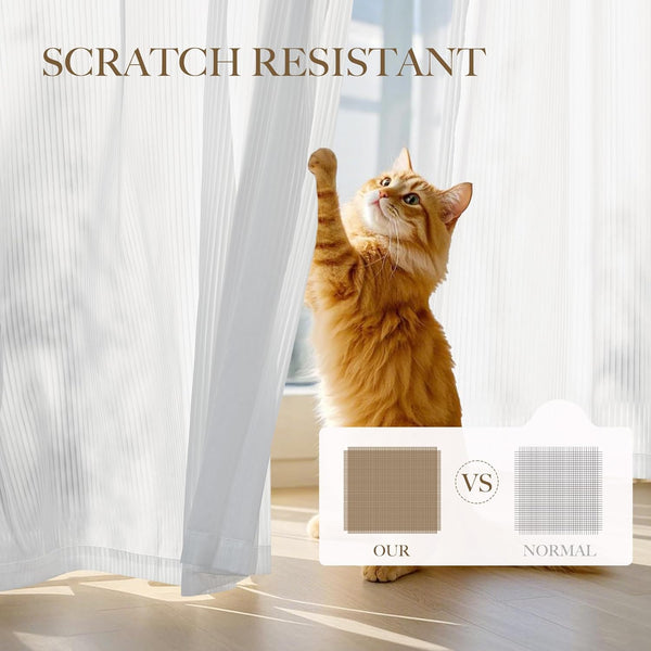 Orange cat plays with white ribbed sheer curtain, featuring scratch-resistant tight weave fabric.