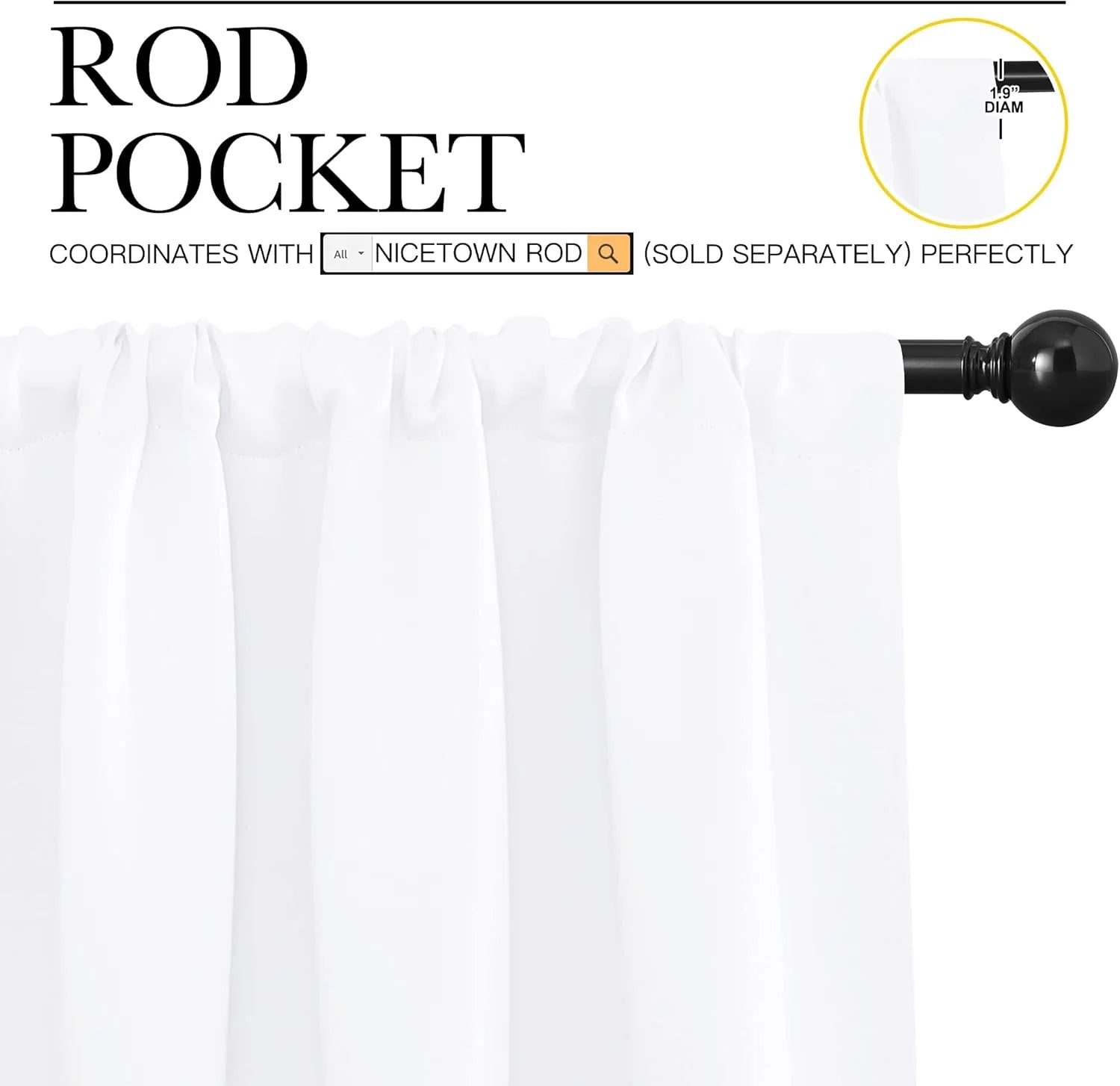 Close-up of a white rod pocket curtain on a black rod, detailing the header style