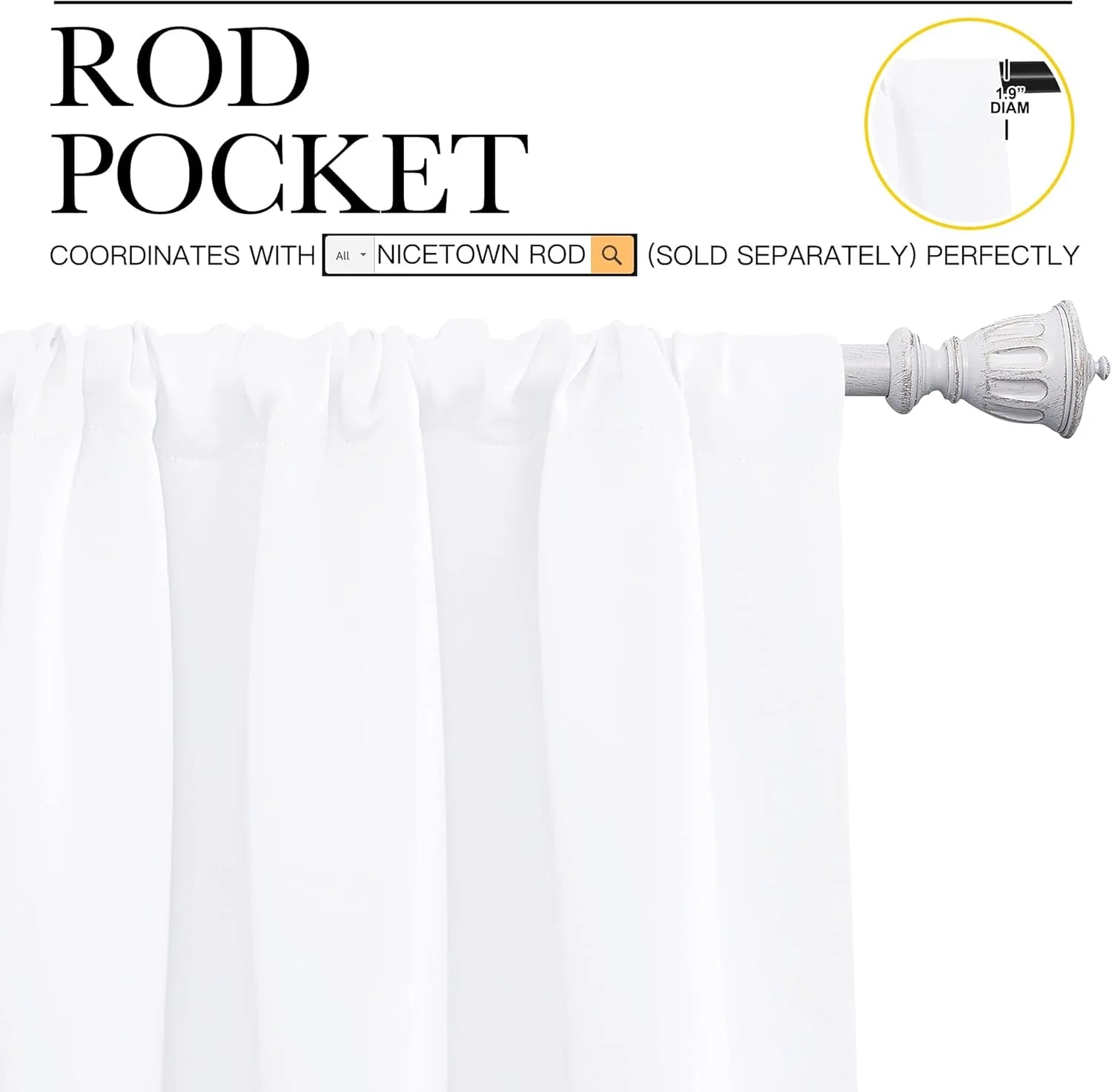White rod pocket curtain fabric with decorative end cap on 1.9-inch diameter rod