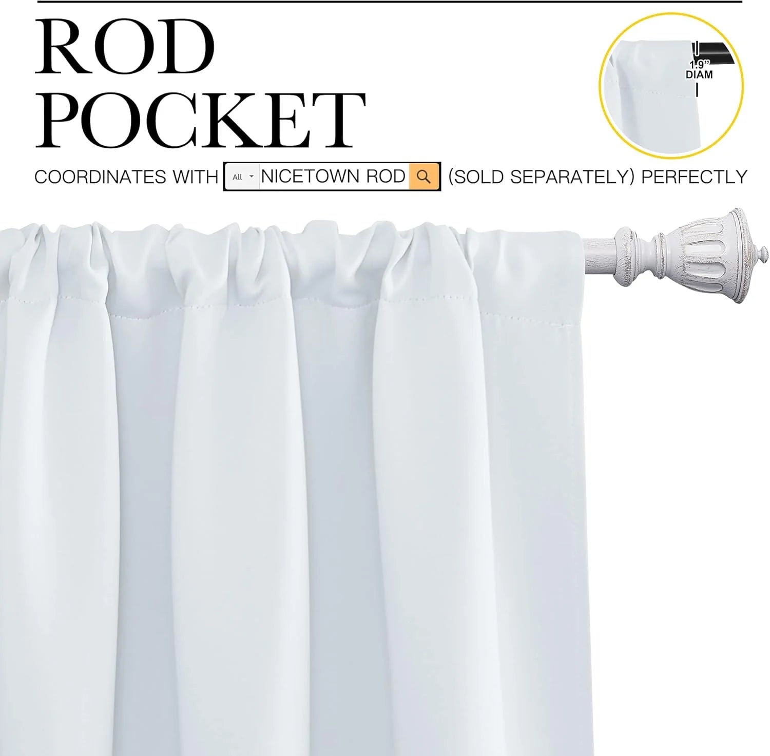Close-up of a white rod pocket curtain panel with soft pleats on a decorative white rod.